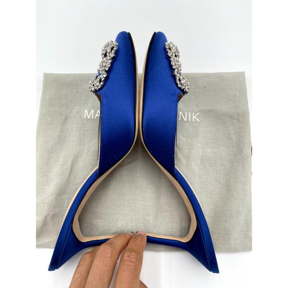 Manolo Blahnik Blue Satin Jewel Buckle Mules size 38 - Picture 9 of 13
